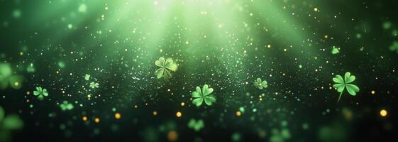 Green clovers illuminated by soft light in a shimmering atmosphere photo