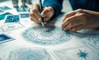 Creating detailed astrological charts with pen on paper in a cozy workspace photo