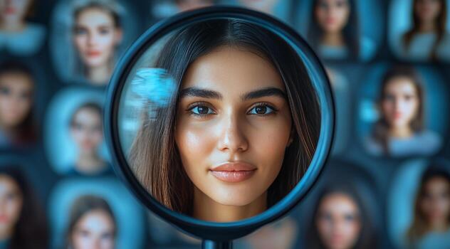 Womans face in focus surrounded by multiple faces in a blurred background during a casting session photo