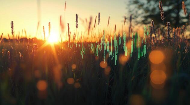 Sunrise over a field with a digital sound wave pattern displaying creativity and nature photo
