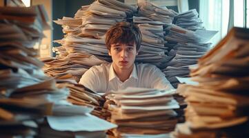 Struggling student overwhelmed by papers in a cluttered study environment photo