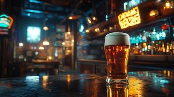 Brightly lit bar with a pint of beer on the table at night photo