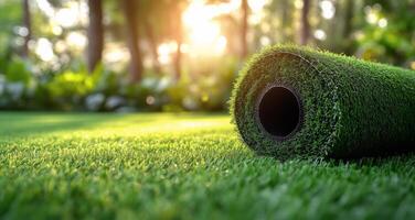 Freshly rolled artificial grass on a sunny day in a peaceful garden area photo