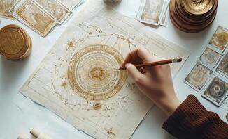 Exploring the intricate details of an ancient astrological chart with a pencil photo