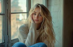 Young woman relaxes by window with soft sunlight illuminating her features in cozy indoor setting photo