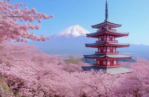 Cherry blossoms bloom near pagoda with Mount Fuji in the background during spring daylight in Japan photo