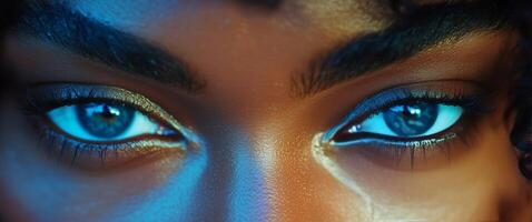 Mesmerizing close-up of striking blue eyes highlighting detailed features and captivating expression photo