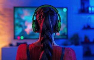 Engaging gamer focused on screen in a vibrant gaming setup at home photo