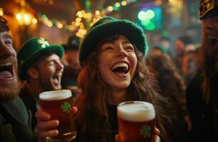 Celebrating St. Patrick's Day with laughter and cheer at a festive pub gathering photo