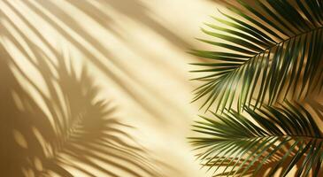 Palm leaves casting intricate shadows on warm yellow wall in tranquil indoor setting photo