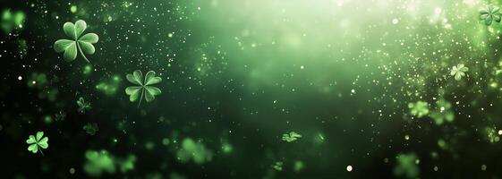 Green clovers scattered amidst sparkling lights create a festive atmosphere photo