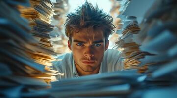 Young man surrounded by piles of paperwork in a busy office environment during the afternoon photo