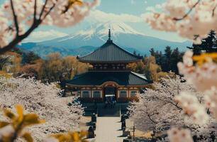 Cherry blossoms frame serene temple with Mount Fuji in background during springtime photo