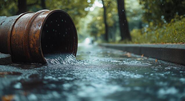 Rainwater flows from rusty pipe into puddle along park path surrounded by greenery photo
