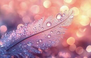 Delicate feather adorned with water droplets glistening in soft pastel light photo