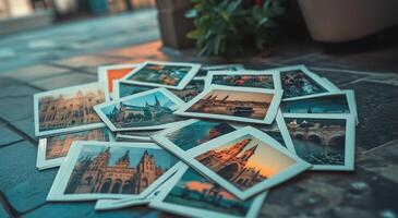Stacks of travel photographs scattered on a picturesque sidewalk in the evening glow photo