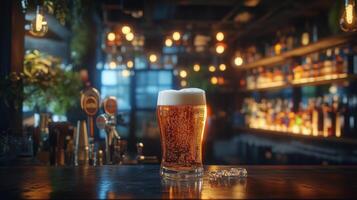 Refreshing craft beer served in a glass at a cozy bar with ambient lighting and shelves of bottles photo