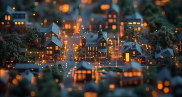 Urban neighborhood illuminated at night with detailed miniature houses and glowing lights photo