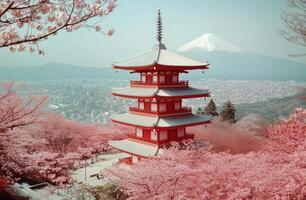 Cherry blossoms frame a pagoda with Mount Fuji in the background during springtime in Japan photo