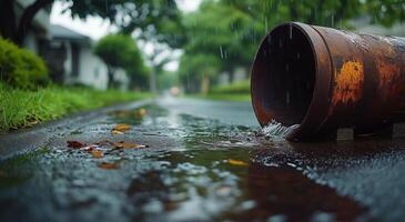 Rusty pipe leaking water on a rainy day in a quiet neighborhood street photo
