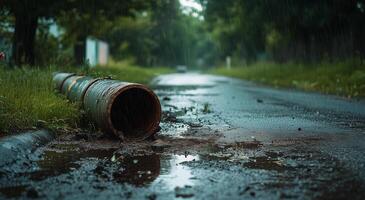 Rainwater flows from a rusted pipe along a deserted road surrounded by greenery photo
