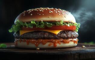 Delicious cheeseburger with fresh ingredients and smoky flavor on a wooden board photo