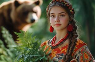 Young girl in traditional attire holds fern while bear watches in forest photo