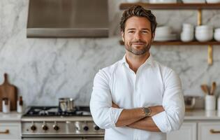 Man in white shirt stands confidently in modern kitchen with marble accents and stainless steel appliances photo