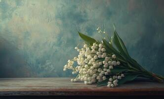 Lily of the valley bouquet resting on a wooden surface against a textured blue background photo