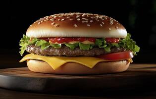 Delicious cheeseburger with fresh ingredients on a wooden board under soft lighting photo