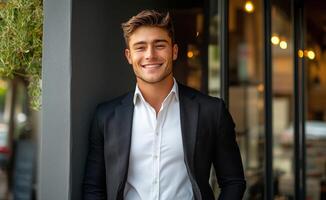 Young man in stylish suit smiles confidently outside modern cafe during daylight photo