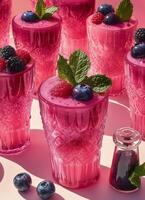 Refreshing berry smoothies in vibrant glasses with fresh fruit accents on a sunny table photo