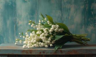 Beautiful white lily of the valley bouquet resting on a rustic wooden surface with textured background photo