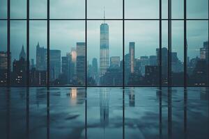 Stunning city skyline view from modern high-rise office during twilight hours photo