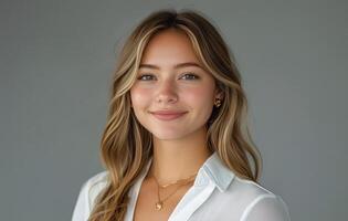 Young woman smiling confidently in a professional setting with soft natural lighting photo