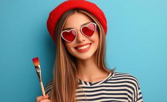 Enjoying creative expression with heart-shaped sunglasses and a paintbrush in a colorful setting photo