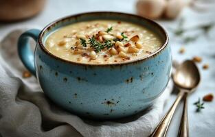 Rustic bowl of creamy soup garnished with nuts and herbs on a textured tabletop photo