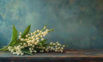 Lily of the valley bouquet on a rustic wooden table with a blue background photo