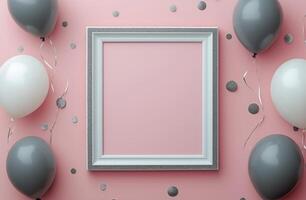Decorated backdrop with balloons and empty frame for celebration activities photo