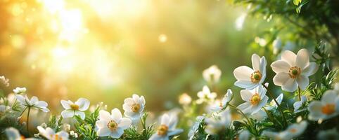 Beautiful white flowers blooming in a sunlit garden during the spring season photo