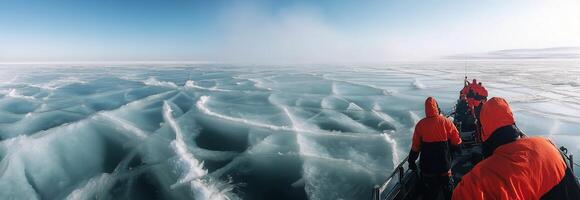 Exploring ice formations during an Arctic expedition on a clear day with researchers in orange jackets photo