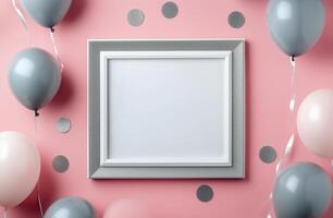 Decorative empty frame surrounded by pastel balloons and glitter on pink background for celebration photo