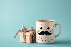 Cute mug and gift box on blue background create a cheerful and cozy atmosphere for celebrations photo