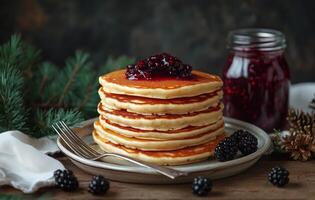 Delicious stack of pancakes topped with berry jam and fresh blackberries on a rustic table setting photo
