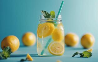 Refreshing lemonade drink with fresh lemons and mint on a blue background photo
