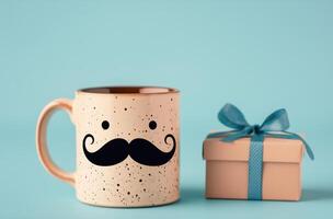 Unique coffee mug with mustache design next to a small gift box on a blue background photo