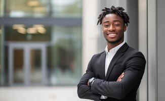 Professional man smiling confidently in business attire at modern office space photo