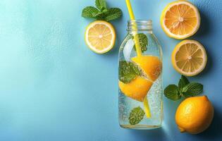 Refreshing lemon beverage with mint on a blue background during daytime photo