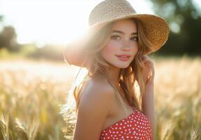 Young woman with a straw hat enjoying a sunny afternoon in a golden wheat field photo