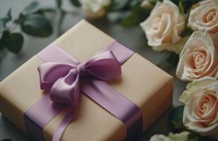 Beautifully wrapped gift box surrounded by fresh roses, perfect for special occasions photo